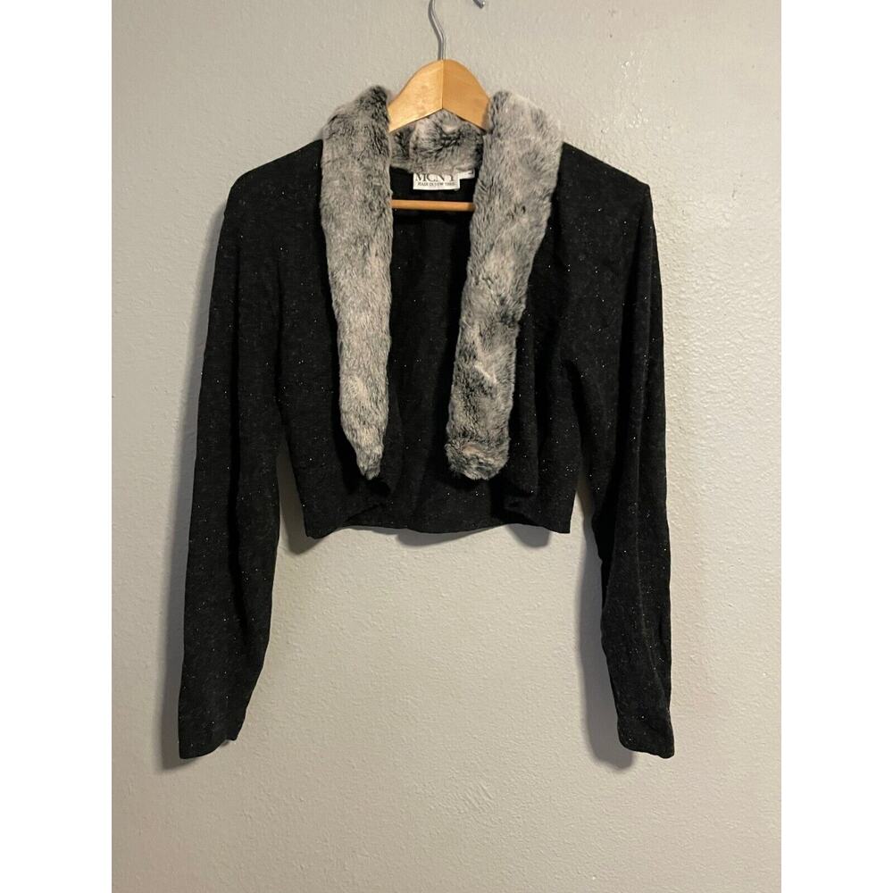 Vintage MCNY Womens Bolero Cardigan Large Black Faux Fur Trim Open Mob Wife 90s